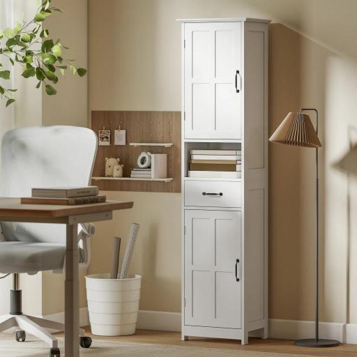 Columna de Baño con 2 Puertas 1 Cajón Estante Abierto y 2 Armarios con Estante Ajustable 40x30x164 cm Blanco [5]