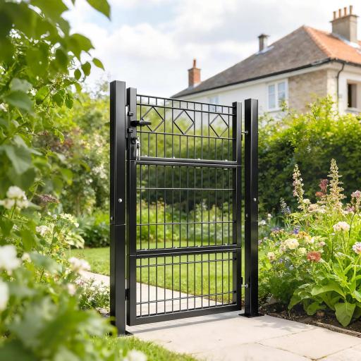 Puerta de Jardín 100 x 131 cm Puerta de Valla de Metal Galvanizado con Cerradura Llaves Manilla y 2 Postes Gris Oscuro [7]