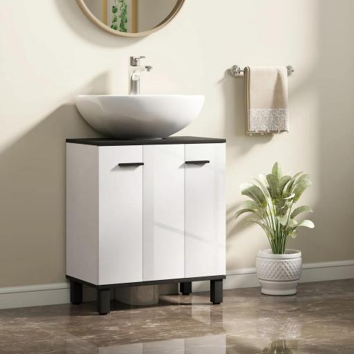Mueble Bajo Lavabo con 2 Puertas y Estante Ajustable para Lavabo con o sin Pedestal 60x34x70 cm Blanco Brillo [3]