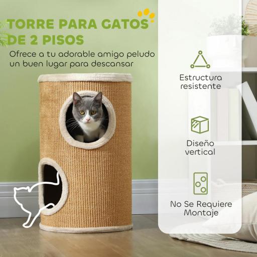 Barril Rascador para Gatos de 2 Niveles Torre Rascador para Gatos con 2 Cuevas y Cubierta de Sisal Ø35x60 cm Marrón [2]