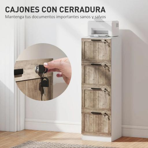 Cajonera de Escritorio con 4 Cajones Cerradura 2 Llaves Barras Colgantes para A4 Carta 39,4x40x129 cm Blanco y Madera [4]