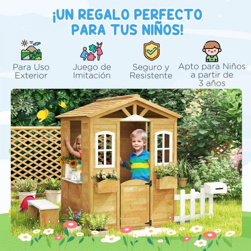 Casita Infantil Exterior de Madera con Buzón Ventanas Jardinera Mostrador y Banco para Niños a Partir de 3 Años Natural [3]