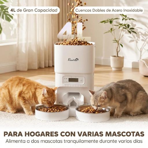 Comedero Gato Automático 4L Dispensador Comida para Gatos/Perros 1-6 Comidas al Día 2 Cuencos 2 Fuentes de Alimentación [6]