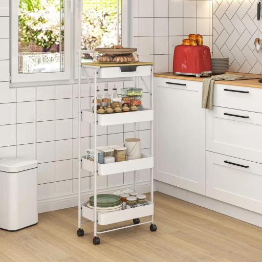 Carrito Auxiliar con Ruedas de 4 Niveles con Cajón Encimera y Cestas de Rejilla para Dormitorio Baño Cocina Blanco [3]