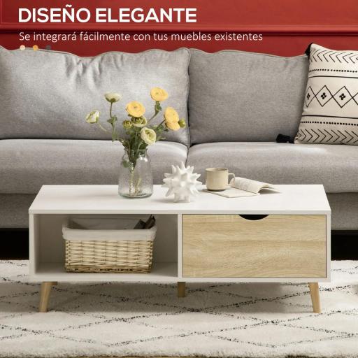 Mesa de Centro Rectangular Mesa con 2 Cajones y Compartimientos Abiertos Estilo Nórdico 106x58x39,5 cm Blanco [2]