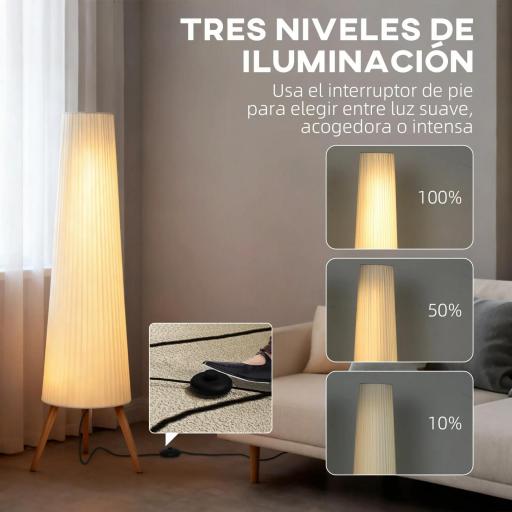 Lámpara de Pie con Trípode Brillo Ajustable 3 Niveles Interruptor de Pie Patas de Madera y Pantalla de Tela Blanco [5]