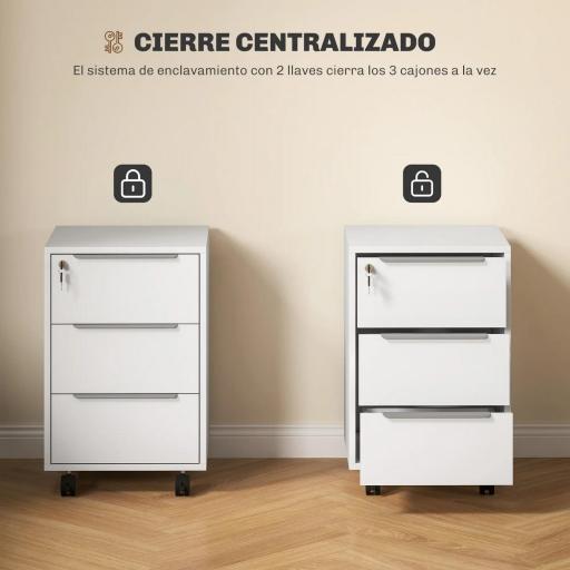 Cajonera de Escritorio con 3 Cajones Ruedas Cerradura y 2 Llaves para Estudio Salón 40x40x63,5 cm Blanco [4]