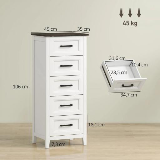 Cómoda Dormitorio Estrecho y Alto con Encimera Efecto Madera Cajonera para Espacios Pequeños 45x35x106 cm Blanco [1]