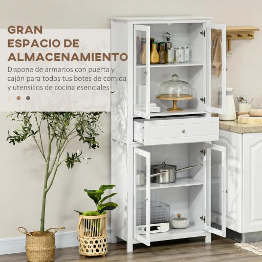 Alacena de Cocina Mueble Vitrina con 4 Puertas de Vidrio Templado Cajón y Estantes Ajustables 74x35,5x181,5 cm Blanco [6]