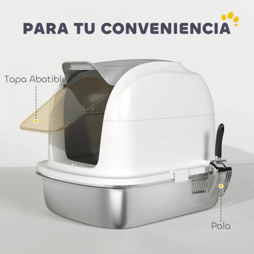 Arenero para Gatos de Acero Inoxidable XL con Tapa Abatible Laterales Altos Entrada Superior Pala Blanco [3]