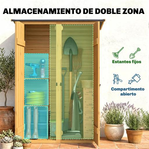 Caseta de Jardín de Madera 115x53x156 cm Armario para Herramientas con Puertas Dobles y Estantes Techo Inclinado Marrón [2]