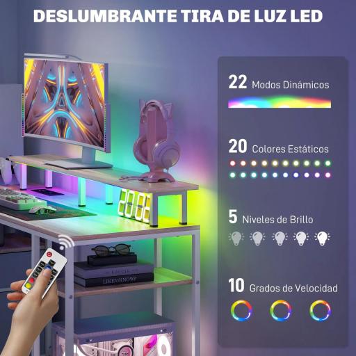 Mesa de Escritorio con Luces LED Cajones Tomas de Corriente Puertos USB y Soporte para Monitor 155,5x48x88,5 cm Natural [2]