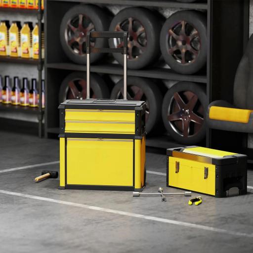 Caja de Herramientas con Ruedas Apilable Carro de Herramientas de Acero con Bandeja Mango Telescópico Amarillo y Negro