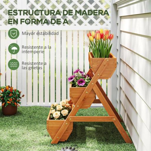 Jardinera de Madera de 3 Niveles Jardinera Elevada Exterior con Orificios de Drenaje 65x75x76 cm Marrón [1]