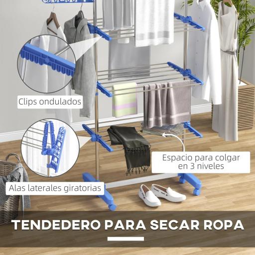Tendedero Vertical de 3 Niveles con 6 Ruedas 2 Laterales Abatibles Estantes Ajustables y Marco de Acero Inoxidable Azul [9]