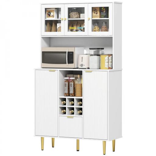 Alacena de Cocina Moderna con Armarios Cajón Botellero y Puertas de Vidrio y Estantes Ajustables 100x40x180 cm Blanco [9]
