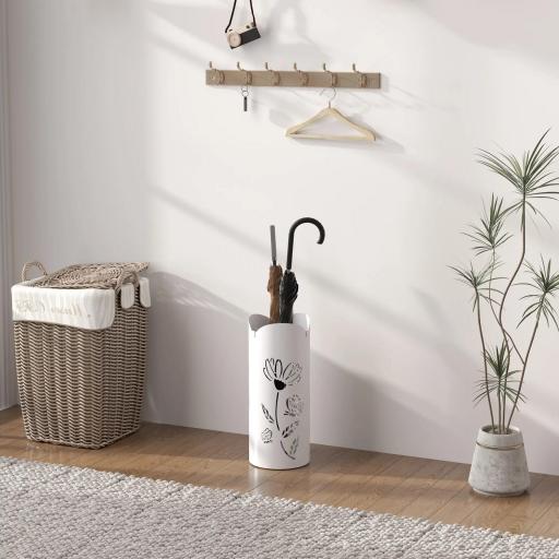 Paragüero de Acero con 4 Ganchos y Bandeja de Goteo Extraíble y Diseño Decorativo 17x17x41 cm Blanco [3]