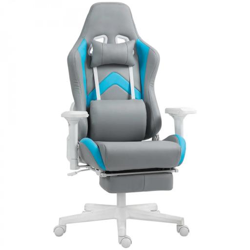 Silla Gamer Reclinable con Altura Ajustable Reposapiés Retráctil Soporte Lumbar y Reposacabezas Gris Claro y Azul [10]