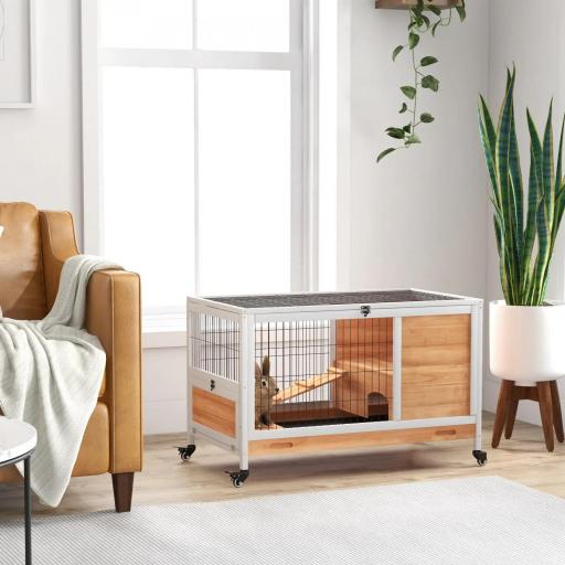Jaula de Conejos Conejera para Mascotas Pequeñas con Techo Abrible y Bandeja Extraíble 90x53x59 cm Natural