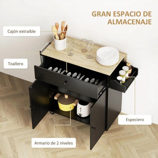 Isla de Cocina con Ala Abatible 2 Puertas Cajón Especiero Toallero y Estante Ajustable 106x42x87 cm Negro y Roble [4]