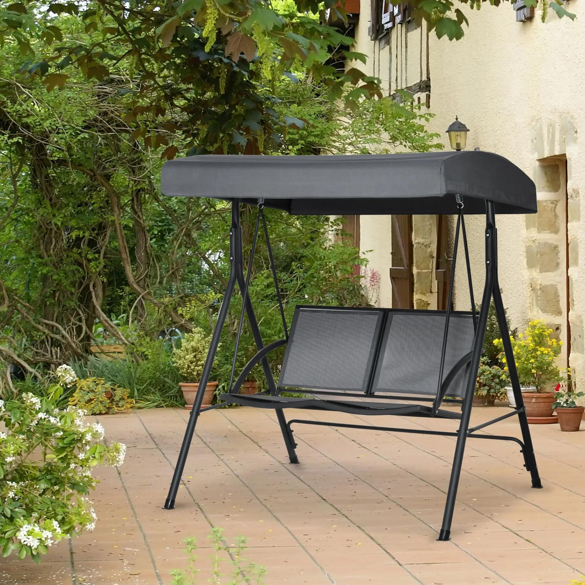 Columpio de Jardín Exterior de 2 Plazas Techo Ajustable y Marco de Acero Asientos Textilene 140x118x162 cm Gris Oscuro