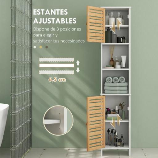Mueble Auxiliar de Baño con Estantes Ajustables y Puertas de Bambú Anti-vuelco 35x30x170 cm Blanco y Natural [3]