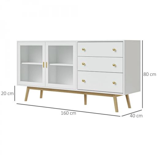 Aparador de Comedor con 2 Puertas de Cristal 3 Cajones y Patas de Madera de Caucho para Cocina Salón 160x40x80 cm Blanco [1]
