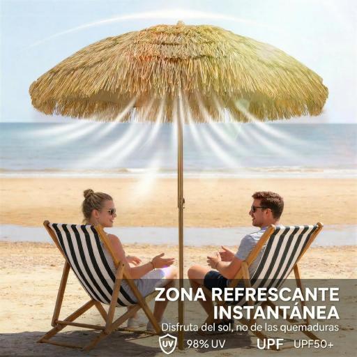 Sombrilla de Playa con Flecos de Paja Ø178 cm con Inclinación Altura Ajustable UV50+ Bolsa de Transporte Marrón Claro [3]