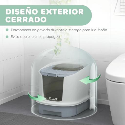 Arenero Cerrado para Gatos con Entrada Frontal Salida Superior Bandeja Extraíble y Pala 40,5x52,5x42,5 cm Blanco y Gris [2]