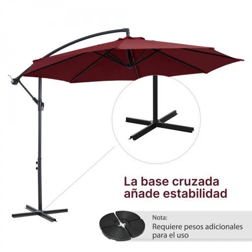 Sombrilla de Jardín Ø295 cm Parasol Excéntrico Inclinable con Manivela Base Cruzada y Soporte de Acero Granate [5]