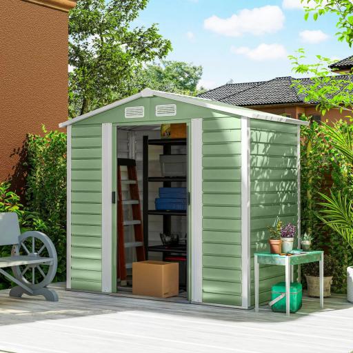 Cobertizo Metálico para Jardín 213x120x166/194 cm con Base Refuerzo Puertas Correderas y Ventilaciones Verde Claro