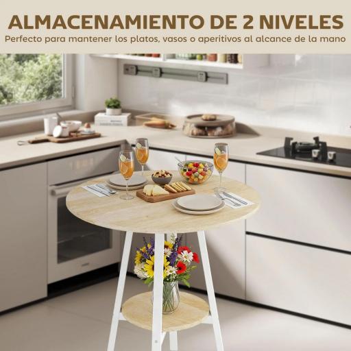 Mesa Alta Cocina Redonda con Estante de Almacenamiento Moderna para 2 Personas 55x55x95 cm Madera Natural y Blanco [2]