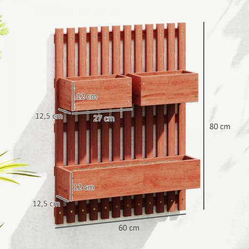 Jardinera de Pared de Madera con Enrejado y 3 Macetas Móviles para Jardín Terraza Patio 60x16x80 cm Marrón [1]
