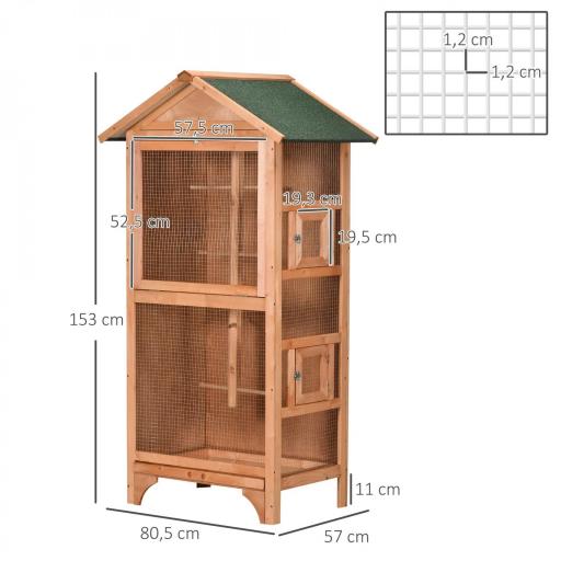 Jaula para Pájaros de Madera con 3 Puertas 4 Perchas Bandeja Extraíble y Techo Asfáltico 80,5x57x153 cm Natural [1]