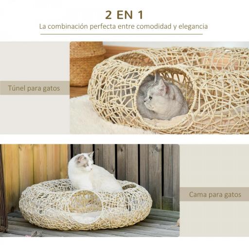 Cama para Gatos de Ratán 78x69x22 cm Cesta para Gatos Rolliza con Cojín Suave 3 Orificios de Acceso Túnel para Gatos Madera Natural [3]