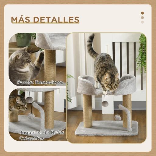 Árbol Rascador para Gatos Pequeños Altura 42 cm con Nido Bolas Colgantes y Postes de Sisal 48x38x42 cm Gris Claro [4]