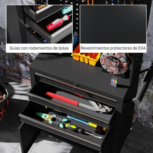Carro de Herramientas con 3 Cajones Tabla de Pegboard Cerradura por Llave Estante Ajustable 2 Ruedas con Freno Negro [6]