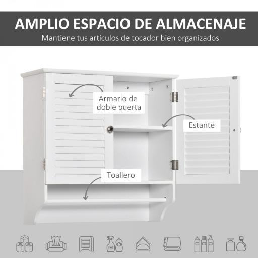 Armario Baño de Pared con 2 Puertas de Persiana Estante Interior y Barra de Toallero Mueble Auxiliar Suspendido Moderno Multiusos para Cocina 60x23x60 cm Blanco [2]