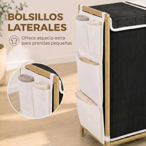 Cesto de Ropa Sucia con Tapa 120L de Bambú con 2 Compartimentos Bolsas con Cordón Bolsillos Laterales Blanco y Negro [6]