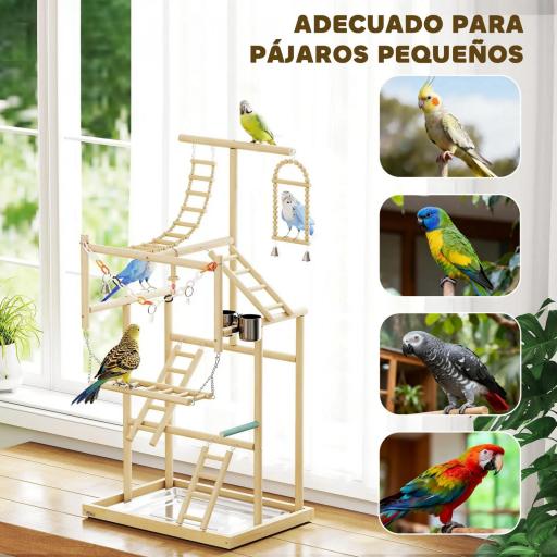 Parque de Juegos para Pájaros Soporte de Madera para Pájaros con Escaleras Columpio Cadena Bandeja Comederos [4]