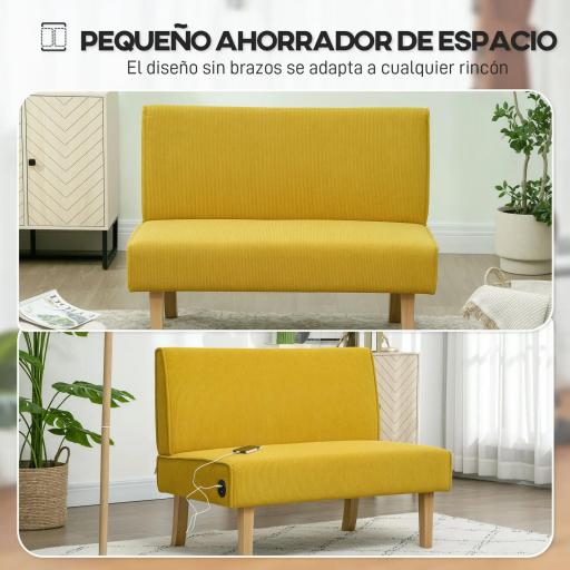 Sofá de 2 Plazas Tapizado en Pana con 2 Puertos USB 1 Puerto Tipo-C y Patas de Madera Carga 240 kg 110x60x85 cm Amarillo [4]