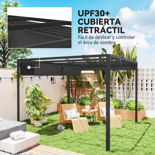 Pérgola de Jardín de Aluminio 3x3 m con Techo Retráctil Lateral Enrollable UPF30+ Cenador de Jardín para Exterior Gris [5]