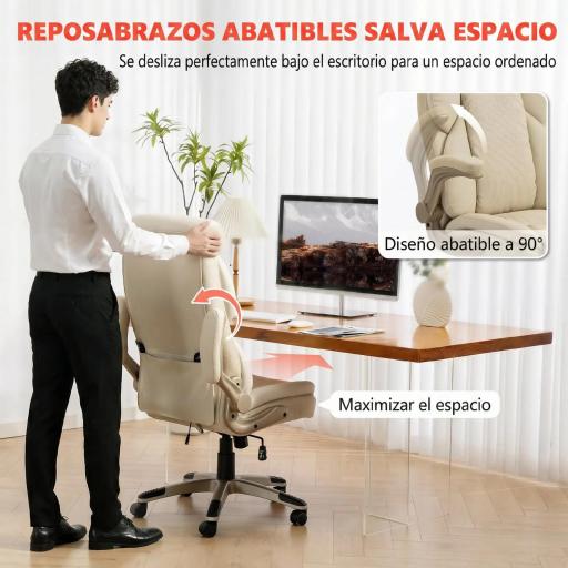 Silla de Oficina con Masaje Vibratorio de 4 Puntos Calor Lumbar Brazos Abatibles Respaldo Alto Altura Ajustable Crema [5]