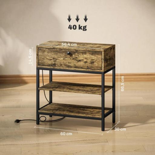 Mesa Auxiliar con Cajón y 2 Estantes con 2 Enchufes y 2 Puertos USB de Estilo Industrial 60x30x66,5 cm Marrón Rústico [1]