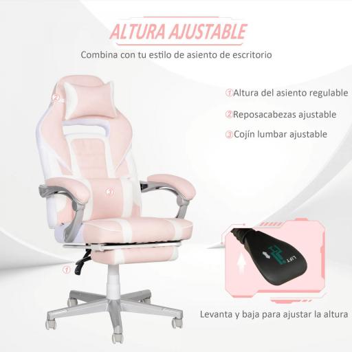 Silla Gamer Reclinable con Altura Ajustable Reposapiés Retráctil Soporte Lumbar y Reposacabezas Desmontable Rosa [6]