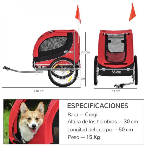 Remolque Bicicleta Perros Mascota 1 Bandera 8 Reflectores Remolque Bici 130x73x90 cm Rojo Negro [1]