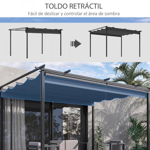 Pérgola de Jardín Cenador para Exterior con Techo Retráctil y 4 Cortinas Enrollables 4x3 m Gris Oscuro [2]