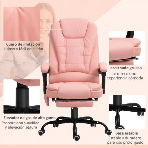 Silla de Oficina con 7 Puntos de Masaje con Reposapiés Retráctil Altura Ajustable Control Remoto y Tejido de PU Rosa [1]