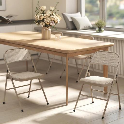 Juego de 2 Sillas Plegables Tapizadas en Lino Sintético con Respaldo y Estructura de Acero para Salón 45x46x78 cm Beige [6]