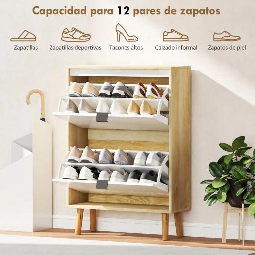Zapatero Estrecho con 2 Puertas en Blanco Brillo Estantes Ajustables Patas de Madera para 12 Pares de Zapatos [3]